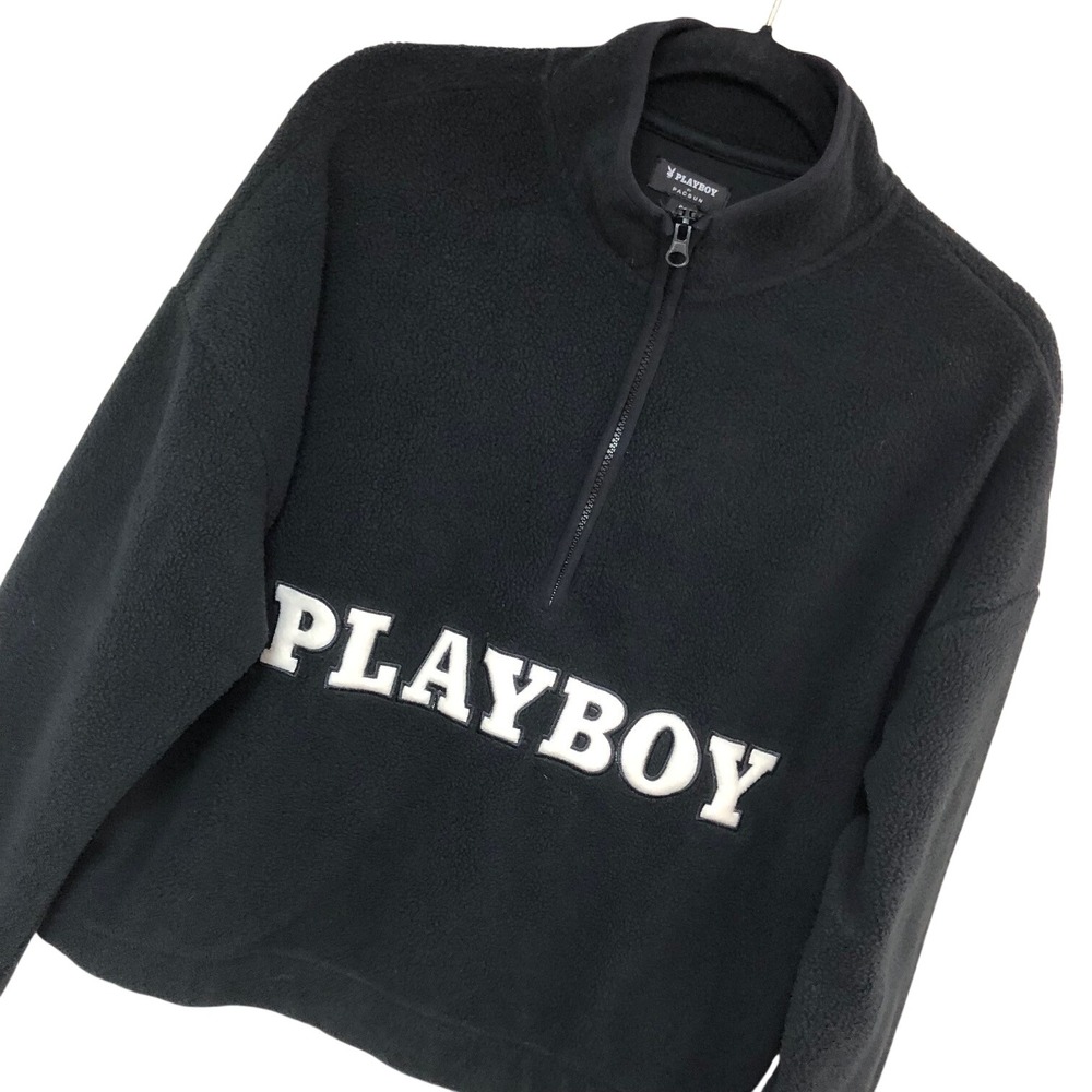 Y2K Playboy 1/2 Zip Fleece Pullover Goth Skater Urban Spellout Oversized Women S